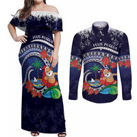 Felis Pusgua Guam Santa Couples Matching Off Shoulder Maxi Dress and Long Sleeve Button Shirt Merry Christmas with Polynesian Tribal LT9 Blue - Polynesian Pride