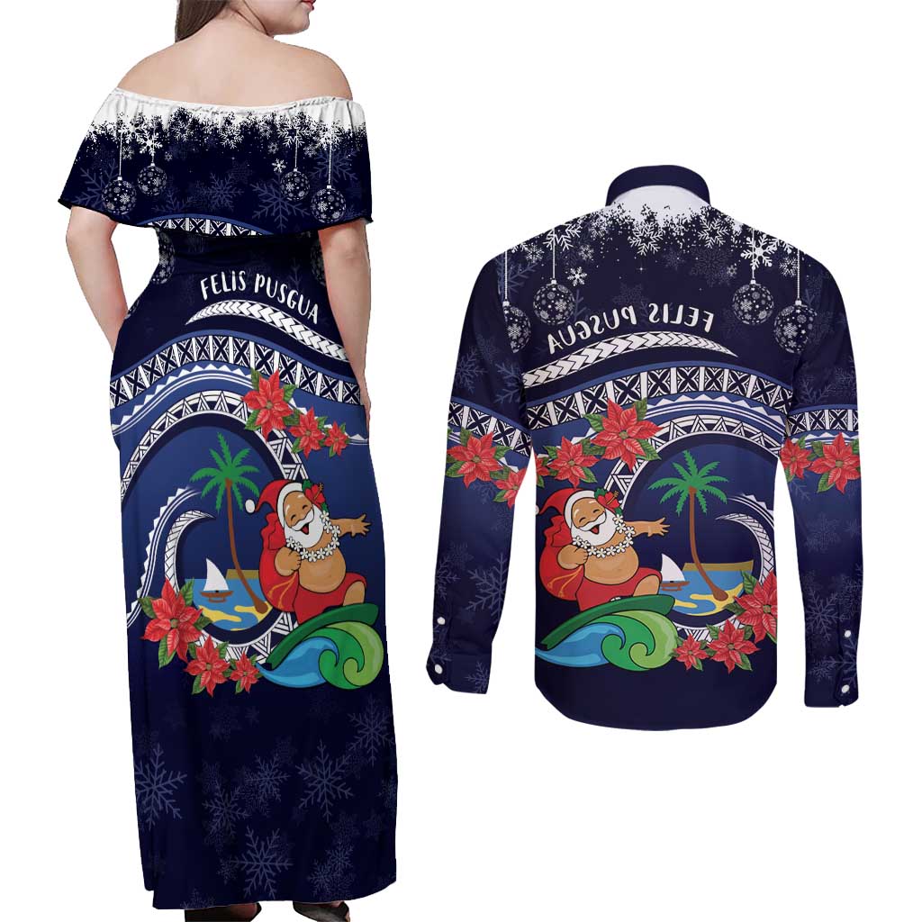 Felis Pusgua Guam Santa Couples Matching Off Shoulder Maxi Dress and Long Sleeve Button Shirt Merry Christmas with Polynesian Tribal LT9 - Polynesian Pride