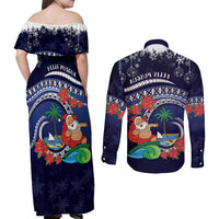 Felis Pusgua Guam Santa Couples Matching Off Shoulder Maxi Dress and Long Sleeve Button Shirt Merry Christmas with Polynesian Tribal LT9 - Polynesian Pride