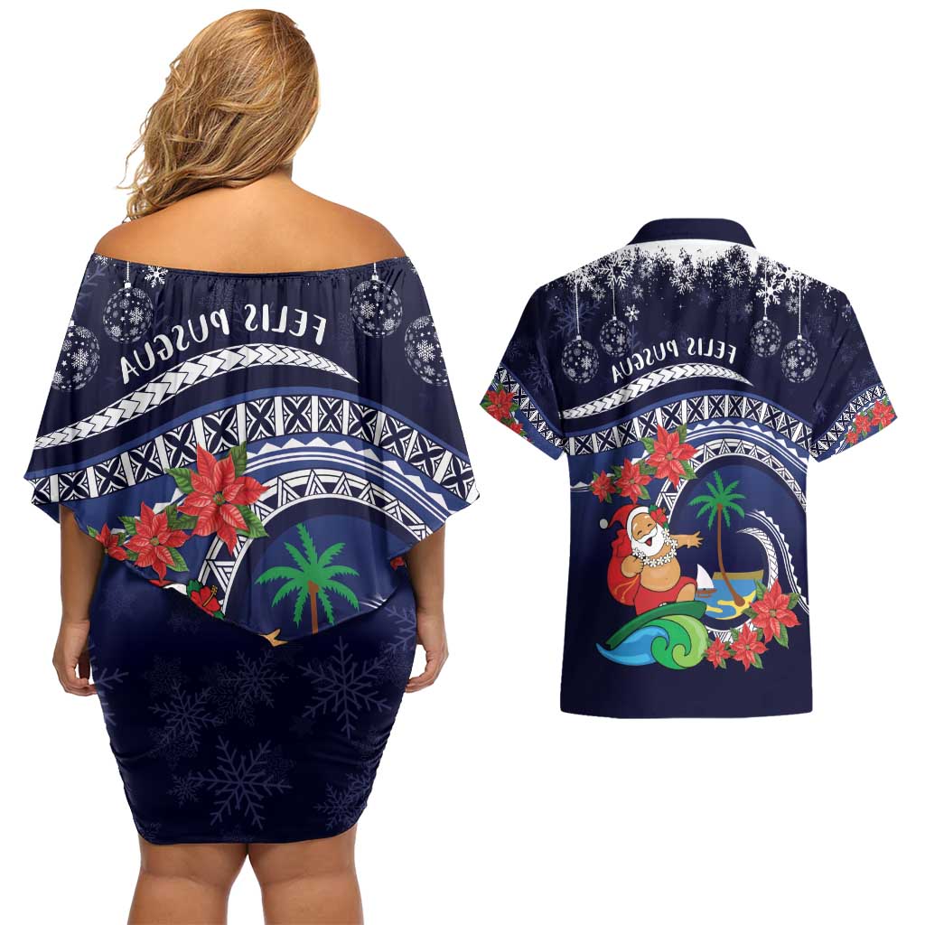 Felis Pusgua Guam Santa Couples Matching Off Shoulder Short Dress and Hawaiian Shirt Merry Christmas with Polynesian Tribal LT9 - Polynesian Pride