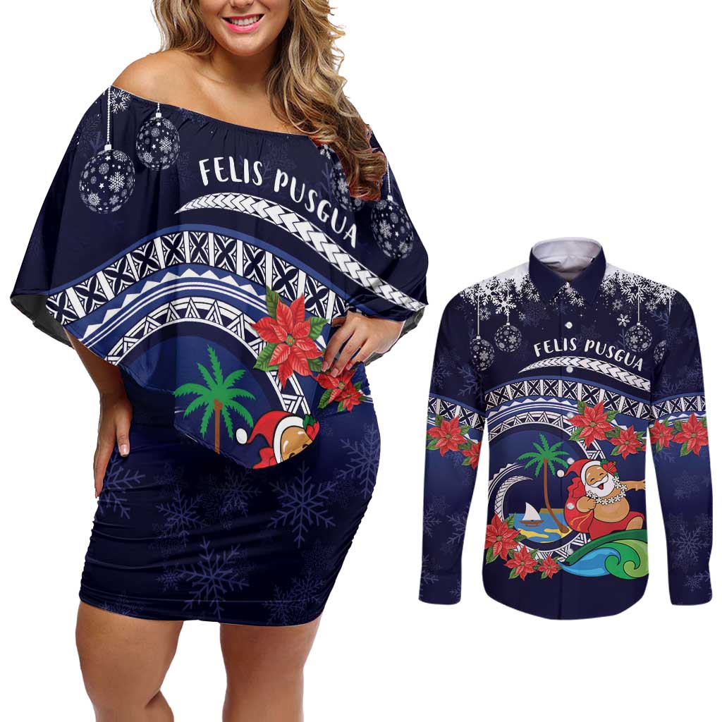 Felis Pusgua Guam Santa Couples Matching Off Shoulder Short Dress and Long Sleeve Button Shirt Merry Christmas with Polynesian Tribal LT9 Blue - Polynesian Pride