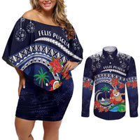 Felis Pusgua Guam Santa Couples Matching Off Shoulder Short Dress and Long Sleeve Button Shirt Merry Christmas with Polynesian Tribal LT9 Blue - Polynesian Pride