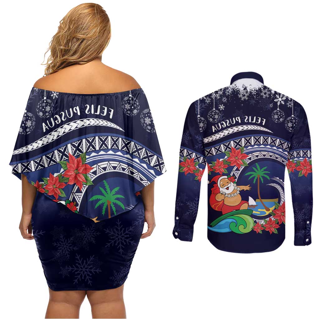 Felis Pusgua Guam Santa Couples Matching Off Shoulder Short Dress and Long Sleeve Button Shirt Merry Christmas with Polynesian Tribal LT9 - Polynesian Pride