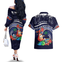 Felis Pusgua Guam Santa Couples Matching Off The Shoulder Long Sleeve Dress and Hawaiian Shirt Merry Christmas with Polynesian Tribal LT9 - Polynesian Pride