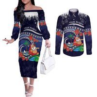 Felis Pusgua Guam Santa Couples Matching Off The Shoulder Long Sleeve Dress and Long Sleeve Button Shirt Merry Christmas with Polynesian Tribal LT9 Blue - Polynesian Pride