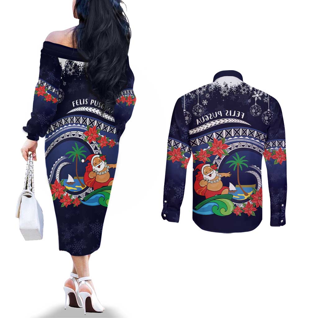 Felis Pusgua Guam Santa Couples Matching Off The Shoulder Long Sleeve Dress and Long Sleeve Button Shirt Merry Christmas with Polynesian Tribal LT9 - Polynesian Pride