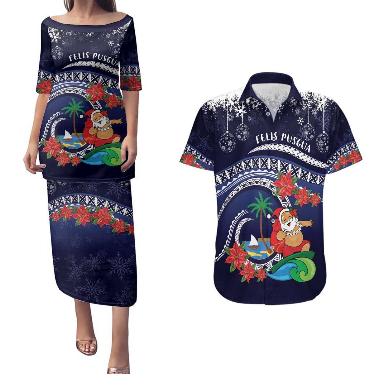 Felis Pusgua Guam Santa Couples Matching Puletasi and Hawaiian Shirt Merry Christmas with Polynesian Tribal LT9 Blue - Polynesian Pride
