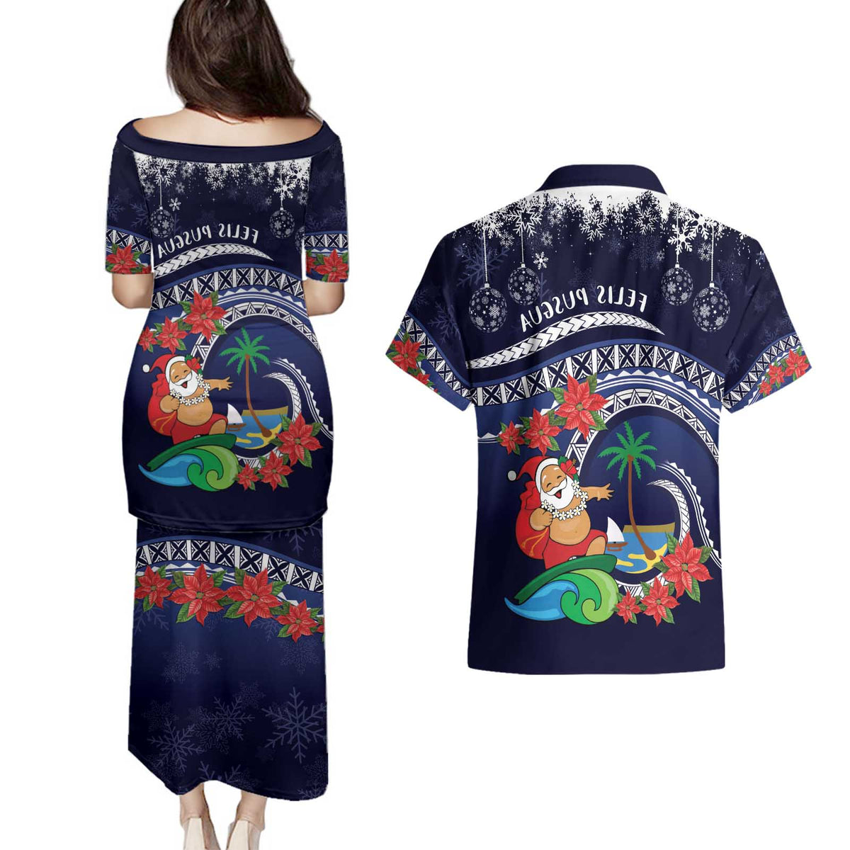 Felis Pusgua Guam Santa Couples Matching Puletasi and Hawaiian Shirt Merry Christmas with Polynesian Tribal LT9 - Polynesian Pride