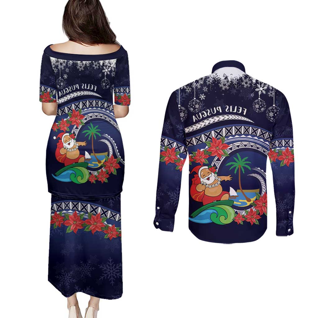 Felis Pusgua Guam Santa Couples Matching Puletasi and Long Sleeve Button Shirt Merry Christmas with Polynesian Tribal LT9 - Polynesian Pride