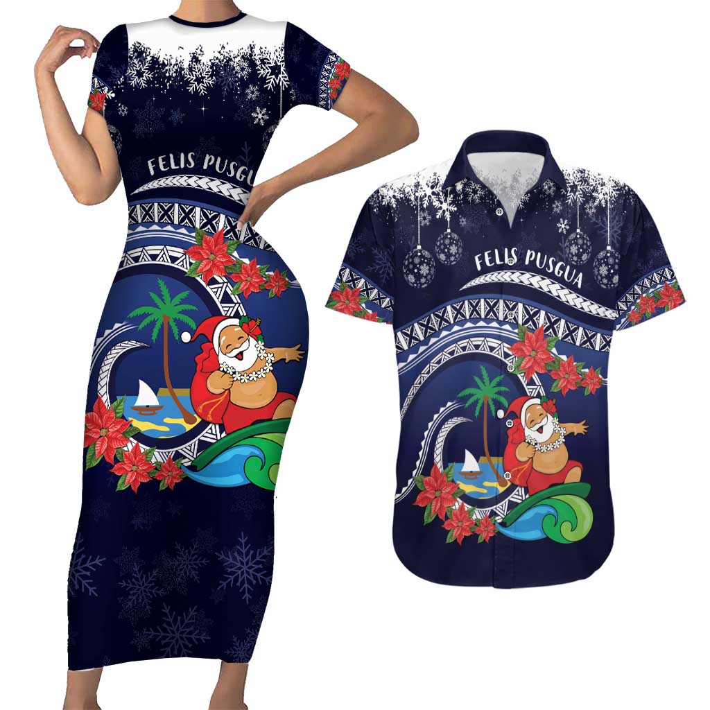 Felis Pusgua Guam Santa Couples Matching Short Sleeve Bodycon Dress and Hawaiian Shirt Merry Christmas with Polynesian Tribal LT9 Blue - Polynesian Pride