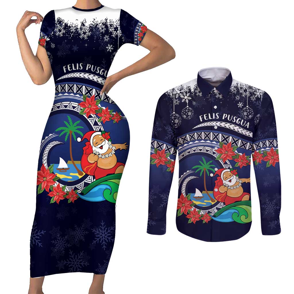 Felis Pusgua Guam Santa Couples Matching Short Sleeve Bodycon Dress and Long Sleeve Button Shirt Merry Christmas with Polynesian Tribal LT9 Blue - Polynesian Pride