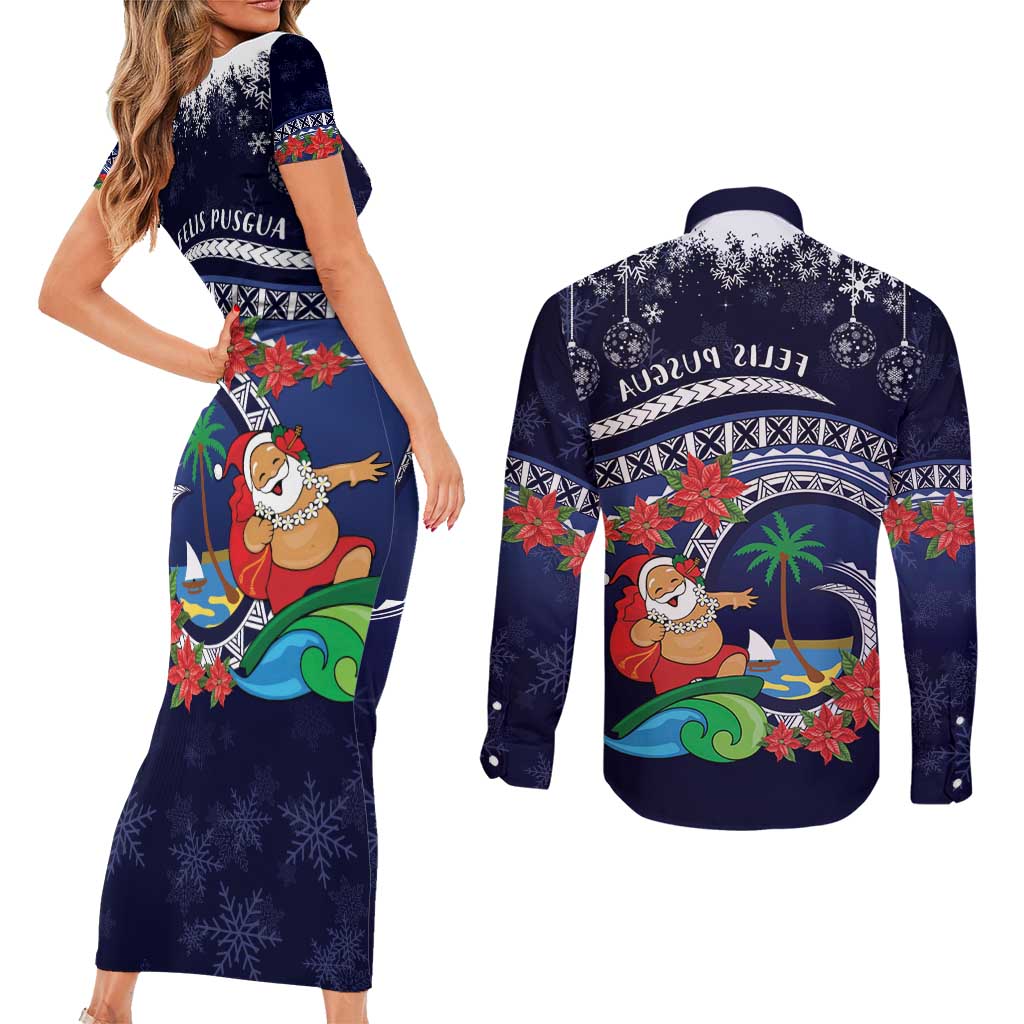 Felis Pusgua Guam Santa Couples Matching Short Sleeve Bodycon Dress and Long Sleeve Button Shirt Merry Christmas with Polynesian Tribal LT9 - Polynesian Pride