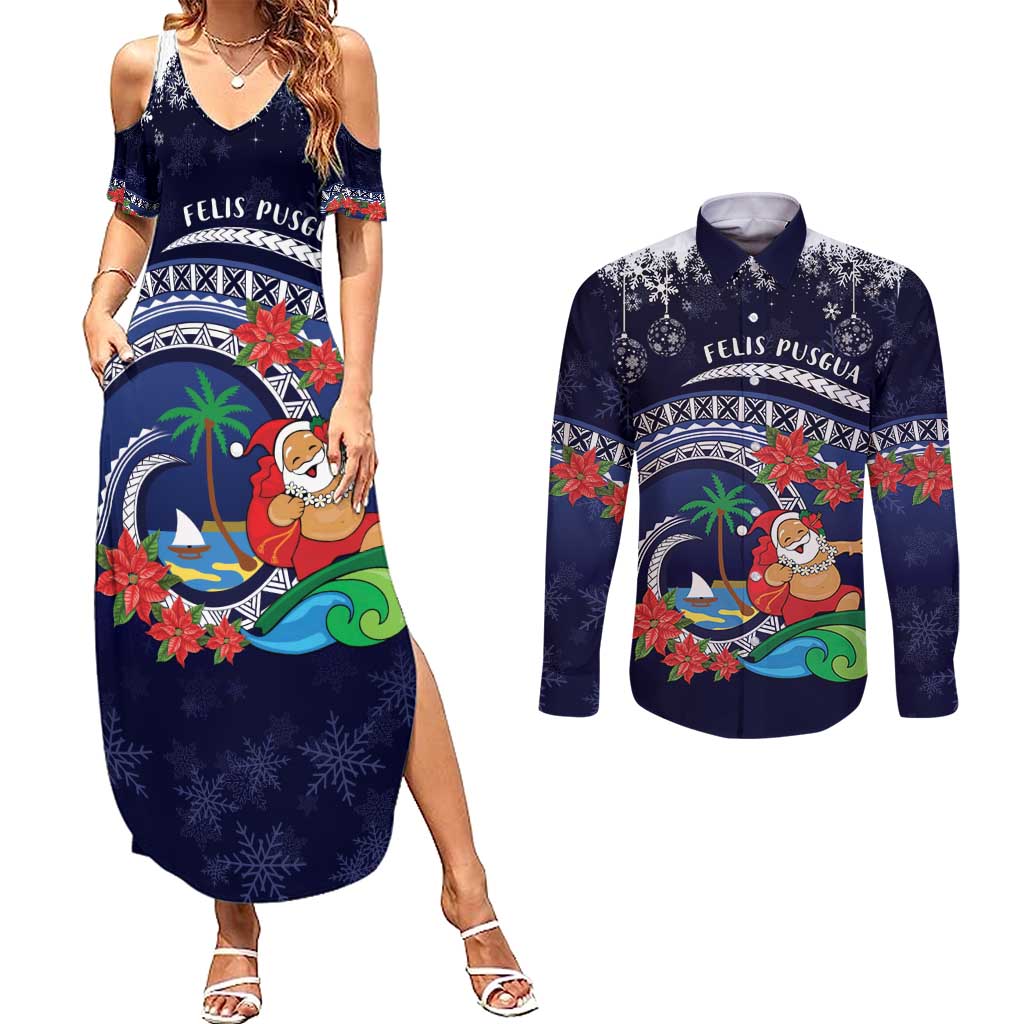 Felis Pusgua Guam Santa Couples Matching Summer Maxi Dress and Long Sleeve Button Shirt Merry Christmas with Polynesian Tribal LT9 Blue - Polynesian Pride