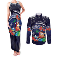 Felis Pusgua Guam Santa Couples Matching Tank Maxi Dress and Long Sleeve Button Shirt Merry Christmas with Polynesian Tribal LT9 Blue - Polynesian Pride