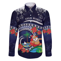 Felis Pusgua Guam Santa Family Matching Long Sleeve Bodycon Dress and Hawaiian Shirt Merry Christmas with Polynesian Tribal LT9 Dad's Shirt - Long Sleeve Blue - Polynesian Pride