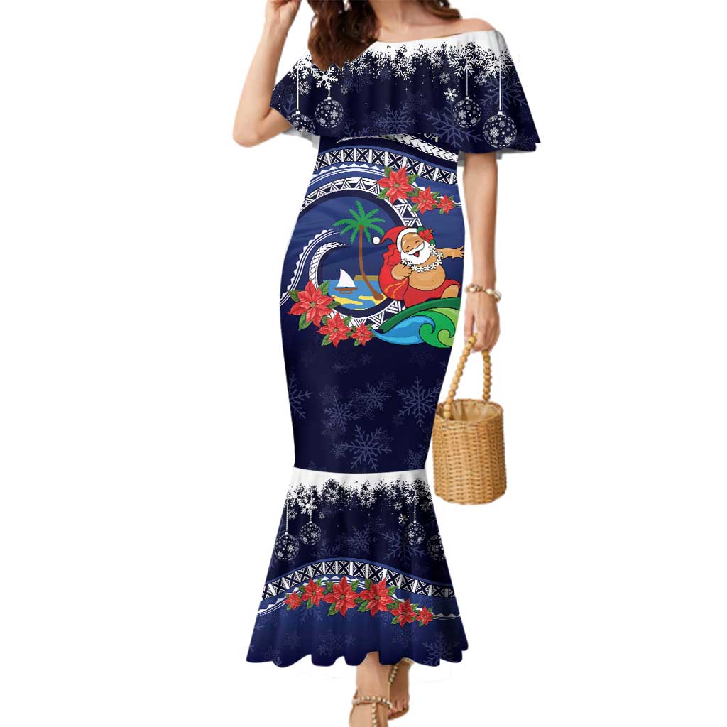 Felis Pusgua Guam Santa Family Matching Mermaid Dress and Hawaiian Shirt Merry Christmas with Polynesian Tribal LT9 Mom's Dress Blue - Polynesian Pride