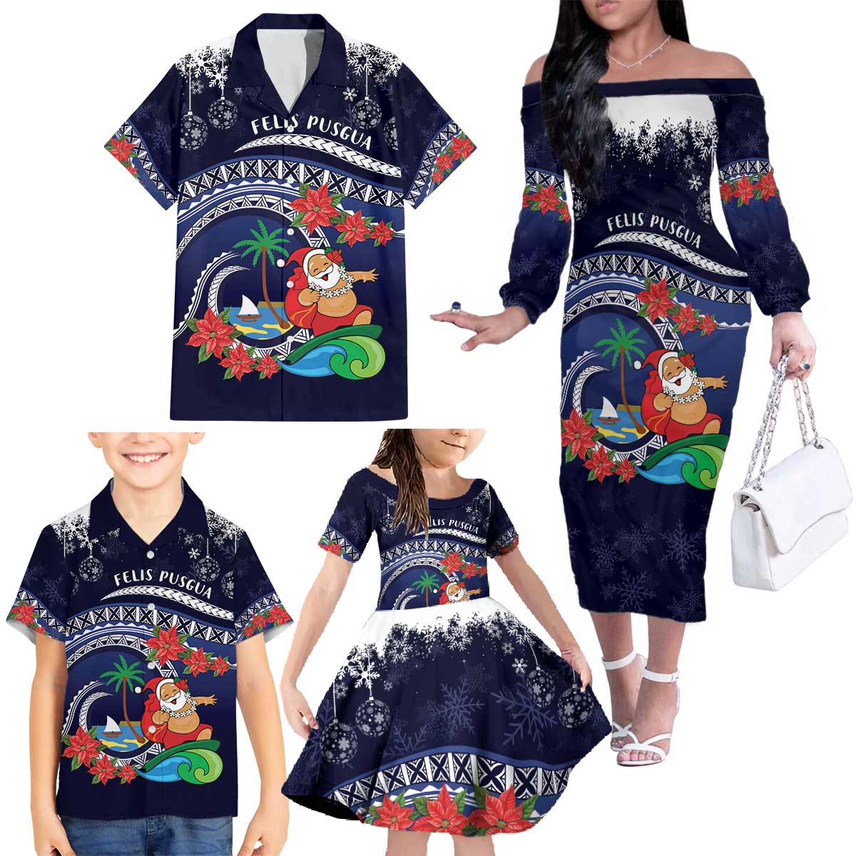Felis Pusgua Guam Santa Family Matching Off The Shoulder Long Sleeve Dress and Hawaiian Shirt Merry Christmas with Polynesian Tribal LT9 - Polynesian Pride