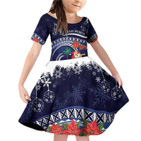 Felis Pusgua Guam Santa Family Matching Off Shoulder Short Dress and Hawaiian Shirt Merry Christmas with Polynesian Tribal LT9 Daughter's Dress Blue - Polynesian Pride
