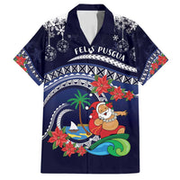Felis Pusgua Guam Santa Family Matching Puletasi and Hawaiian Shirt Merry Christmas with Polynesian Tribal LT9 Dad's Shirt - Short Sleeve Blue - Polynesian Pride