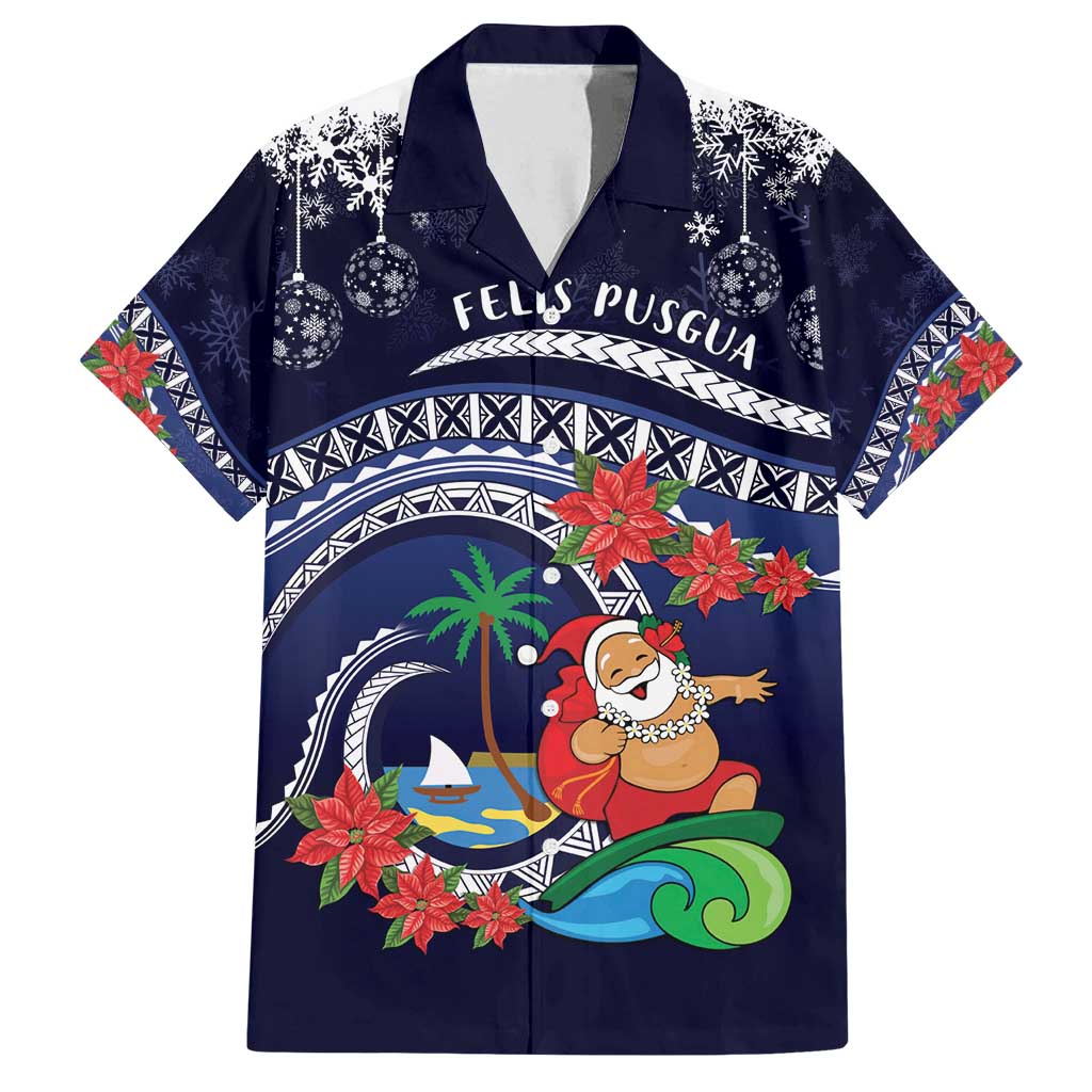 Felis Pusgua Guam Santa Family Matching Summer Maxi Dress and Hawaiian Shirt Merry Christmas with Polynesian Tribal LT9 Dad's Shirt - Short Sleeve Blue - Polynesian Pride