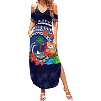 Felis Pusgua Guam Santa Family Matching Summer Maxi Dress and Hawaiian Shirt Merry Christmas with Polynesian Tribal LT9 Mom's Dress Blue - Polynesian Pride