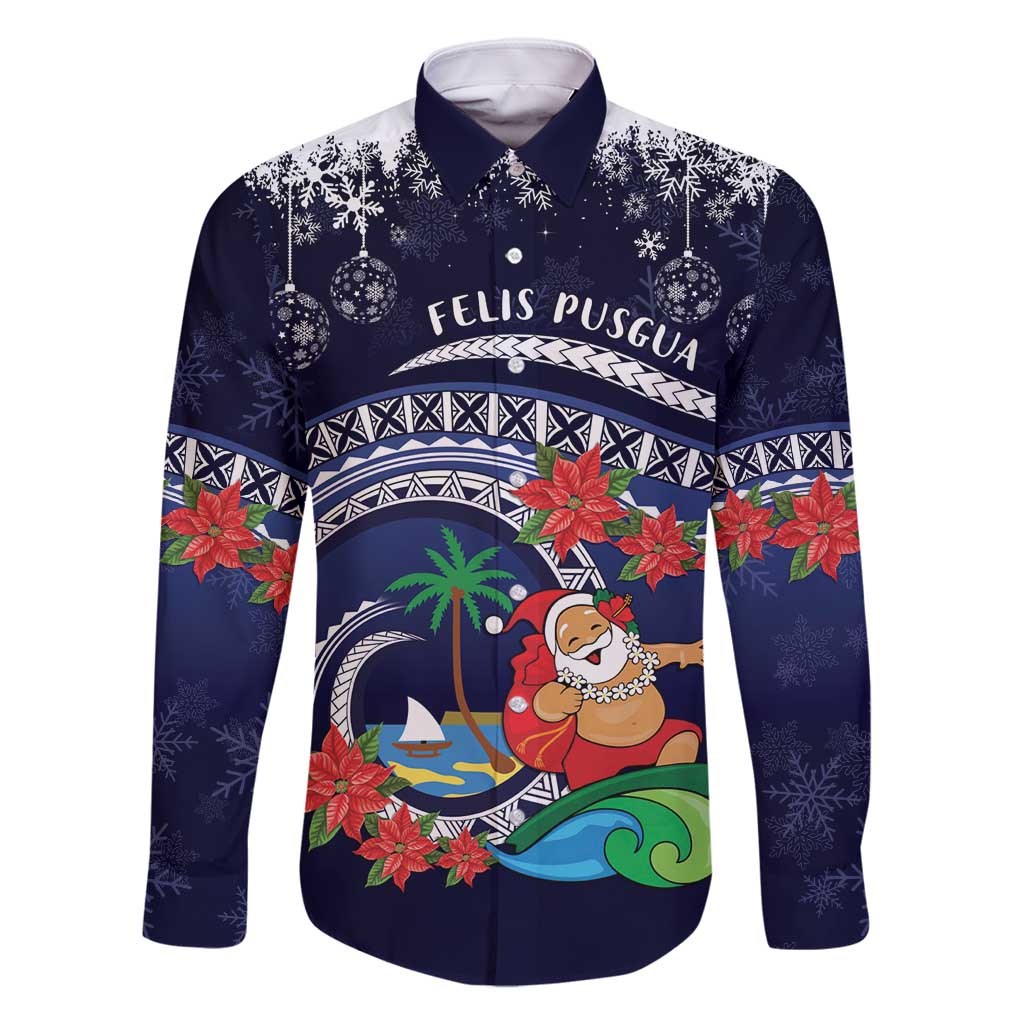 Felis Pusgua Guam Santa Family Matching Tank Maxi Dress and Hawaiian Shirt Merry Christmas with Polynesian Tribal LT9 Dad's Shirt - Long Sleeve Blue - Polynesian Pride