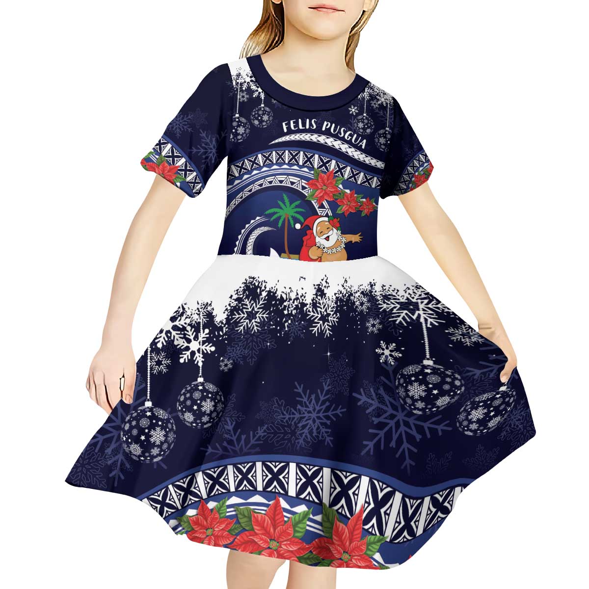 Felis Pusgua Guam Santa Kid Short Sleeve Dress Merry Christmas with Polynesian Tribal LT9 - Polynesian Pride