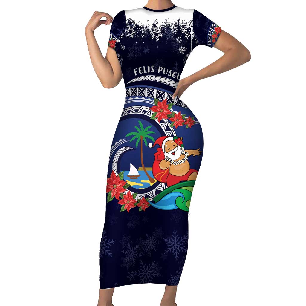 Felis Pusgua Guam Santa Short Sleeve Bodycon Dress Merry Christmas with Polynesian Tribal LT9 Long Dress Blue - Polynesian Pride