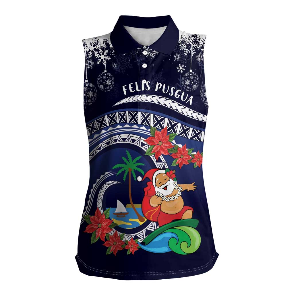 Felis Pusgua Guam Santa Women Sleeveless Polo Shirt Merry Christmas with Polynesian Tribal LT9 Female Blue - Polynesian Pride