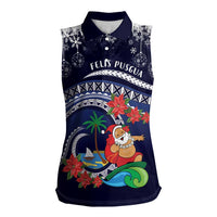 Felis Pusgua Guam Santa Women Sleeveless Polo Shirt Merry Christmas with Polynesian Tribal LT9 Female Blue - Polynesian Pride