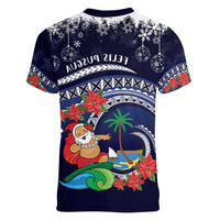 Felis Pusgua Guam Santa Women V-Neck T-Shirt Merry Christmas with Polynesian Tribal LT9 - Polynesian Pride