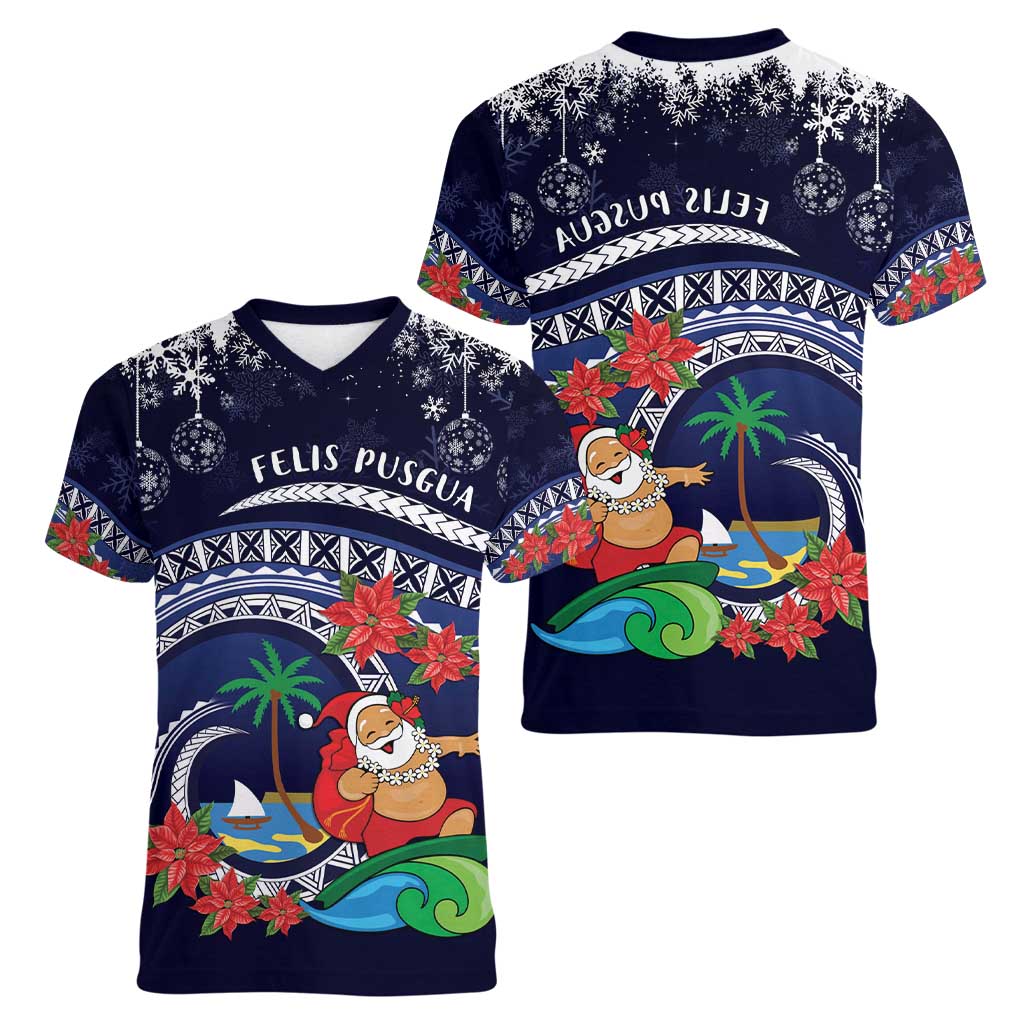 Felis Pusgua Guam Santa Women V-Neck T-Shirt Merry Christmas with Polynesian Tribal LT9 - Polynesian Pride