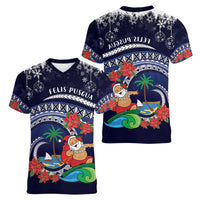 Felis Pusgua Guam Santa Women V-Neck T-Shirt Merry Christmas with Polynesian Tribal LT9 - Polynesian Pride