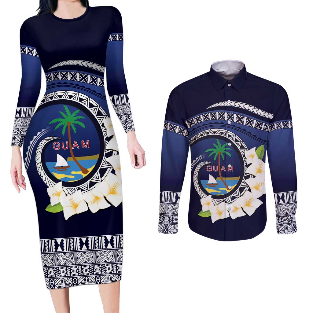 Hafai Adai Guam Guasalis Couples Matching Long Sleeve Bodycon Dress and Long Sleeve Button Shirt Polynesian Tribal Pattern LT9 Blue - Polynesian Pride