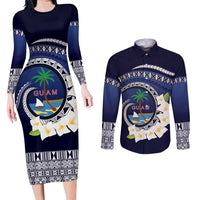 Hafai Adai Guam Guasalis Couples Matching Long Sleeve Bodycon Dress and Long Sleeve Button Shirt Polynesian Tribal Pattern LT9 Blue - Polynesian Pride