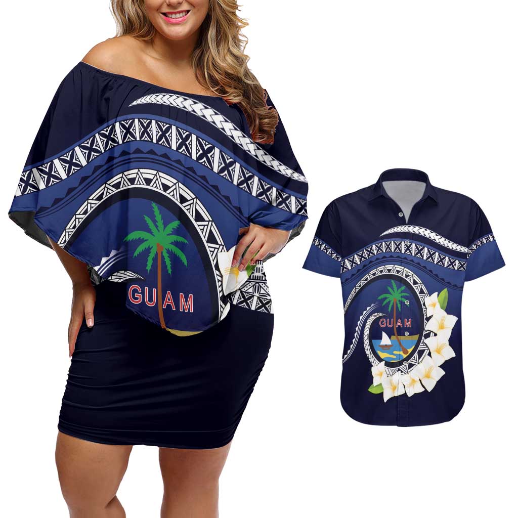 Hafai Adai Guam Guasalis Couples Matching Off Shoulder Short Dress and Hawaiian Shirt Polynesian Tribal Pattern LT9 Blue - Polynesian Pride