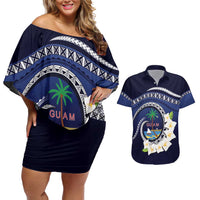 Hafai Adai Guam Guasalis Couples Matching Off Shoulder Short Dress and Hawaiian Shirt Polynesian Tribal Pattern LT9 Blue - Polynesian Pride