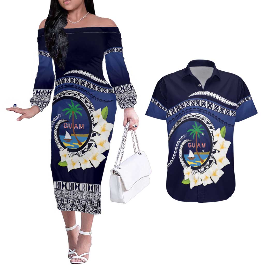 Hafai Adai Guam Guasalis Couples Matching Off The Shoulder Long Sleeve Dress and Hawaiian Shirt Polynesian Tribal Pattern LT9 Blue - Polynesian Pride