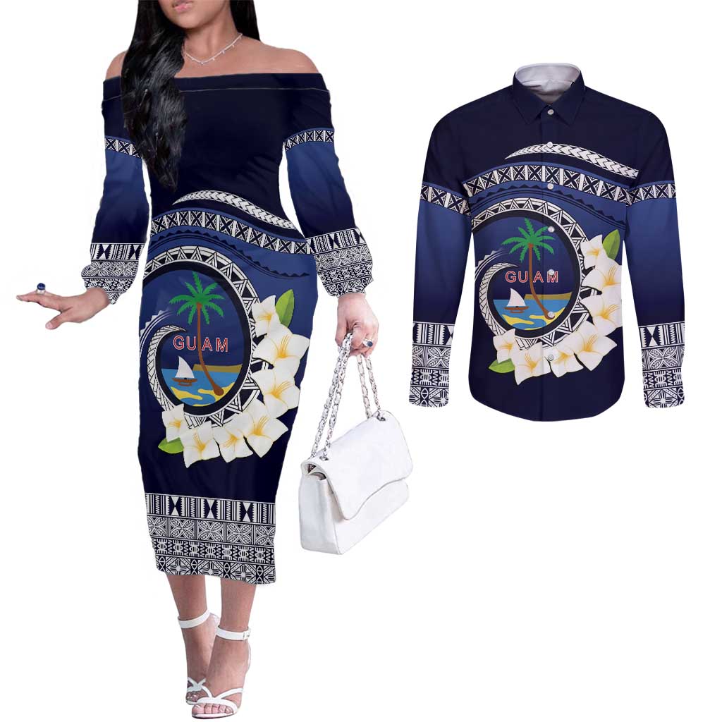 Hafai Adai Guam Guasalis Couples Matching Off The Shoulder Long Sleeve Dress and Long Sleeve Button Shirt Polynesian Tribal Pattern LT9 Blue - Polynesian Pride