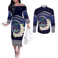 Hafai Adai Guam Guasalis Couples Matching Off The Shoulder Long Sleeve Dress and Long Sleeve Button Shirt Polynesian Tribal Pattern LT9 Blue - Polynesian Pride