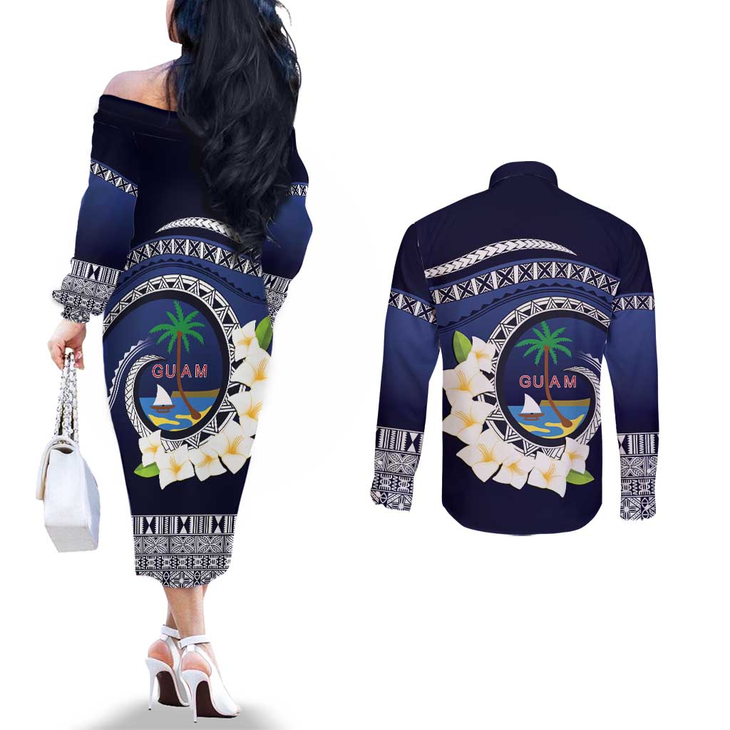 Hafai Adai Guam Guasalis Couples Matching Off The Shoulder Long Sleeve Dress and Long Sleeve Button Shirt Polynesian Tribal Pattern LT9 - Polynesian Pride