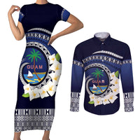 Hafai Adai Guam Guasalis Couples Matching Short Sleeve Bodycon Dress and Long Sleeve Button Shirt Polynesian Tribal Pattern LT9 Blue - Polynesian Pride