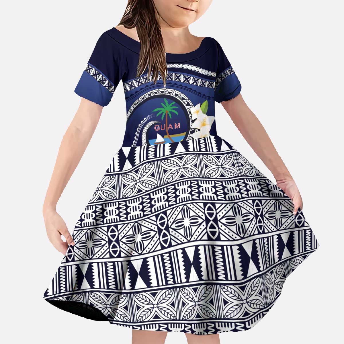 Hafai Adai Guam Guasalis Family Matching Off The Shoulder Long Sleeve Dress and Hawaiian Shirt Polynesian Tribal Pattern LT9 Daughter's Dress Blue - Polynesian Pride