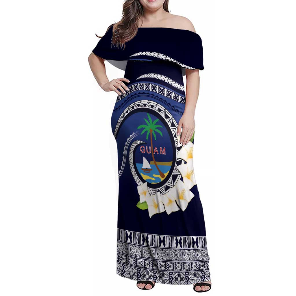 Hafai Adai Guam Guasalis Family Matching Off Shoulder Maxi Dress and Hawaiian Shirt Polynesian Tribal Pattern LT9 Mom's Dress Blue - Polynesian Pride