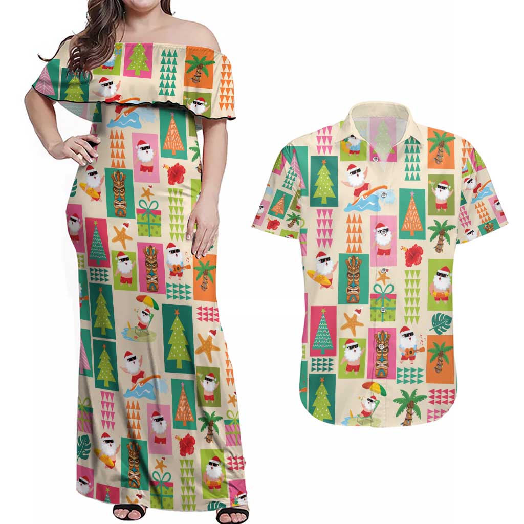 Mele Kalikimaka Hawaii Christmas Couples Matching Off Shoulder Maxi Dress and Hawaiian Shirt Funny Santan Hippie Style LT9 Beige - Polynesian Pride