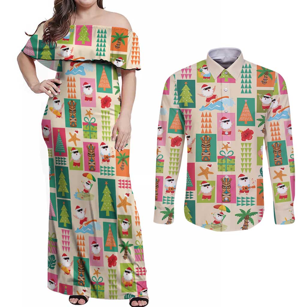 Mele Kalikimaka Hawaii Christmas Couples Matching Off Shoulder Maxi Dress and Long Sleeve Button Shirt Funny Santan Hippie Style LT9 Beige - Polynesian Pride