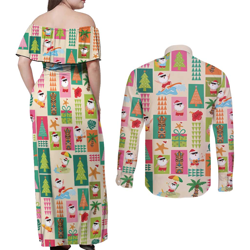 Mele Kalikimaka Hawaii Christmas Couples Matching Off Shoulder Maxi Dress and Long Sleeve Button Shirt Funny Santan Hippie Style LT9 - Polynesian Pride
