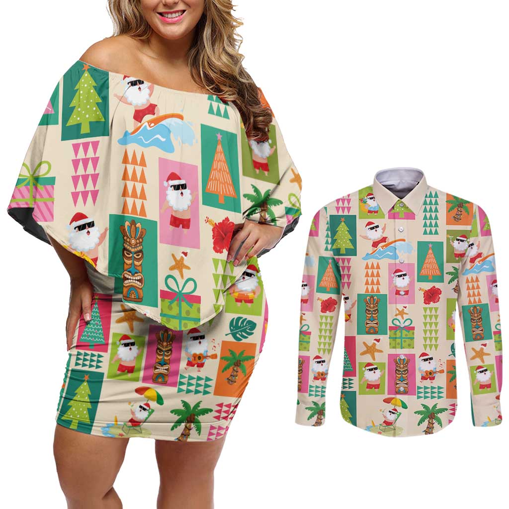 Mele Kalikimaka Hawaii Christmas Couples Matching Off Shoulder Short Dress and Long Sleeve Button Shirt Funny Santan Hippie Style LT9 Beige - Polynesian Pride