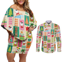 Mele Kalikimaka Hawaii Christmas Couples Matching Off Shoulder Short Dress and Long Sleeve Button Shirt Funny Santan Hippie Style LT9 Beige - Polynesian Pride