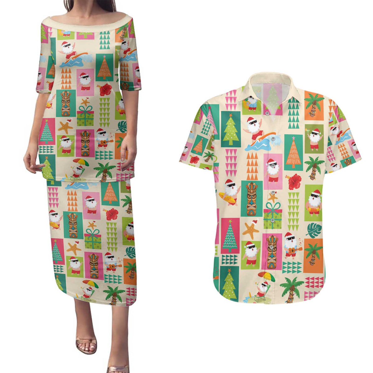 Mele Kalikimaka Hawaii Christmas Couples Matching Puletasi and Hawaiian Shirt Funny Santan Hippie Style LT9 Beige - Polynesian Pride